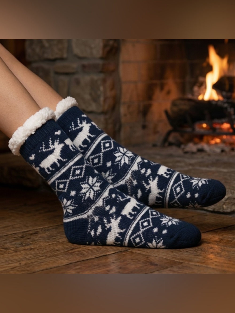NWT Cozy Hub | Navy and White Reindeer Sherpa-Lined Non Skid Socks